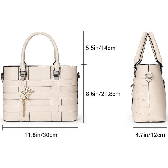 PU Leather Weave Beige Shoulder Bag for Women Elegant Top Handle Designer Purse - Picture 3 of 7